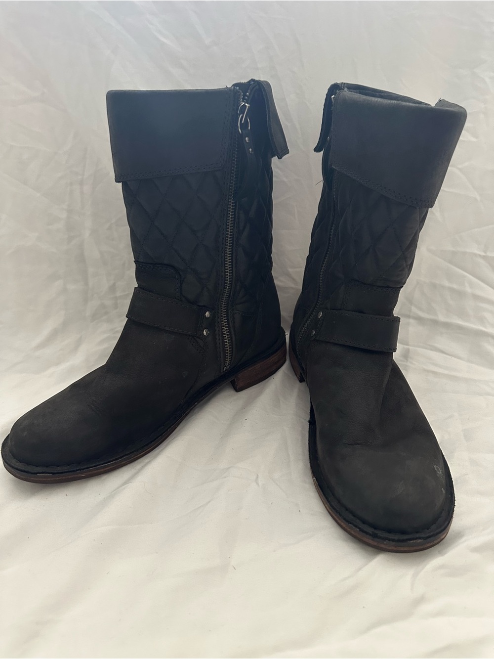 UGG Black Quilted Leather Mid-Calf Heeled Boots 7.5